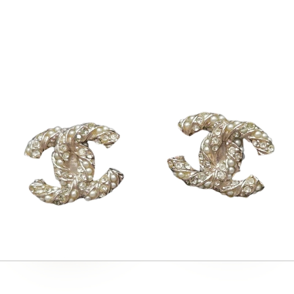 #41b - Authentic CHANEL earrings Coco Mark CC rhinestone pearl motif 18